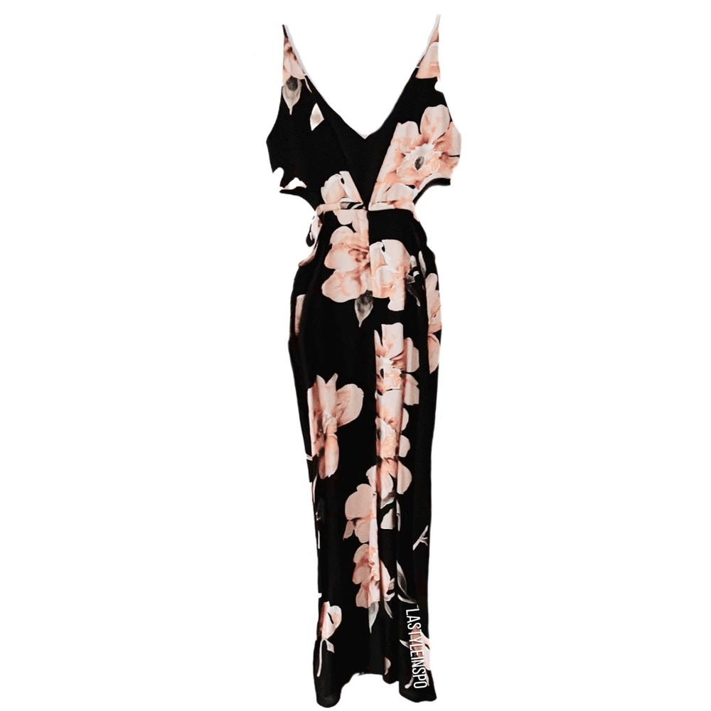 TOPSHOP Maxi Dress Slits Cutout Waist Floral Black Peach Size 2.